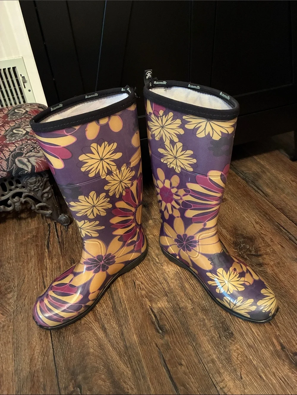 Kamik Purple Floral Waterproof Rain Boots with Yellow Accents
